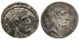 monete romane repubblicane 
Denaro al nome BRVTVS databile al 54 a.C. - Zecca: Roma - Diritto: testa di Lucio Giunio Bruto a destra - Rovescio: testa...