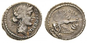 monete romane repubblicane 
Denaro al nome L. VINICI databile al 52 a.C. - Zecca: Roma - Diritto: testa laureata della Concordia a destra - Rovescio:...