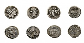 monete romane repubblicane 
Secoli II/I a.C. - Insieme di 4 Denari - Sono presenti, classificati con riferimento al Crawford: Memmia (304/1), Claudia...