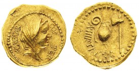 monete romane pre-imperiali 
Guilio Cesare (49-44 a.C.) - Aureo databile al 46 a.C. - Zecca: Roma - Diritto: effigie muliebre velata a destra - Roves...