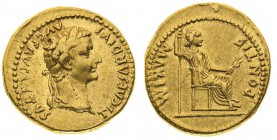 tiberio (14-37 d.c.) 
Aureo - Zecca: Lugdunum - Diritto: testa laureata dell’Imperatore a destra - Rovescio: figura femminile seduta a destra tiene u...