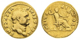 tito (79-81 d.c.) 
Aureo con il titolo di Cesare databile al 73 d.C. - Zecca: Roma - Diritto: testa laureata di Tito a destra - Rovescio: Tito seduto...