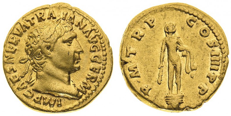 traiano (98-117 d.c.) 
Aureo databile agli anni 101-102 d.C. - Zecca: Roma - Di...