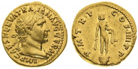 traiano (98-117 d.c.) 
Aureo databile agli anni 101-102 d.C. - Zecca: Roma - Diritto: testa laureata dell’Imperatore a destra con un accenno di drapp...