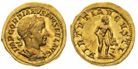 gordiano III (238-244 d.c.) 
Aureo databile al periodo 241-243 d.C. - Zecca: Roma - Diritto: busto laureato, drappeggiato e corazzato dell’Imperatore...