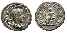 gordiano III (238-244 d.c.) 
Denaro databile al periodo 241-243 d.C. - Zecca: Roma - Diritto: busto laureato, drappeggiato e corazzato dell’Imperator...