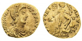 onorio (395-423 d.c.)
Solido databile al periodo 402-403 o 405-406 d.C. - Zecca: Ravenna - Diritto: busto diademato di perle, drappeggiato e corazzat...