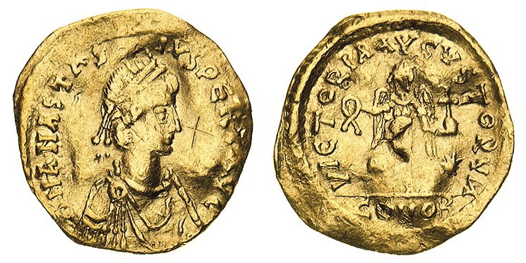 monete bizantine 
Anastasio (491-518) - Tremisse - Zecca: Costantinopoli - Diri...