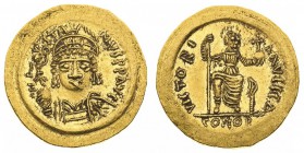 monete bizantine 
Giustino II (565-578) - Solido - Zecca: Costantinopoli - Diritto: mezzo busto elmato e diademato dell’Imperatore di fronte con glob...