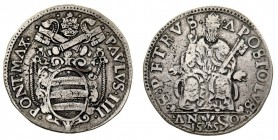 stati pontifici 
Paolo IV (1555-1559) - Testone 1557 - Zecca: Ancona - Diritto: stemma sormontato dalle chiavi decussate e dalla tiara - Rovescio: Sa...