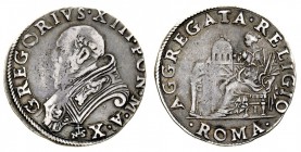 stati pontifici 
Gregorio XIII (1572-1585) - Testone Anno X - Zecca: Roma - Diritto: effigie del Papa a sinistra - Rovescio: la Chiesa seduta a sinis...