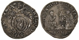 stati pontifici 
Gregorio XIII (1572-1585) - Testone - Zecca: Roma - Diritto: stemma sorretto da due putti, sormontato dalle chiavi decussate e dalla...