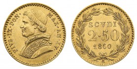 stati pontifici 
Pio IX (1846-1870) - 2,50 Scudi 1860 Anno XV - Zecca: Roma - Diritto: effigie del Papa a sinistra - Rovescio: valore e data entro co...