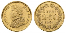 stati pontifici 
Pio IX (1846-1870) - 2,50 Scudi 1861 Anno XV - Zecca: Roma - Diritto: effigie del Papa a sinistra - Rovescio: valore e data entro co...