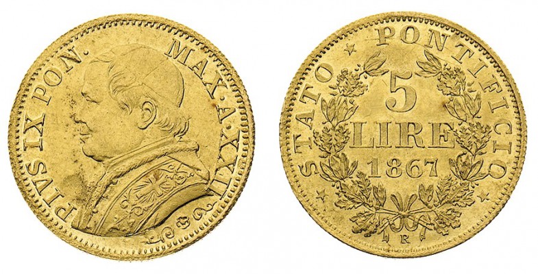 stati pontifici 
Pio IX (1846-1870) - 5 Lire 1867 Anno XXII - Zecca: Roma - Dir...