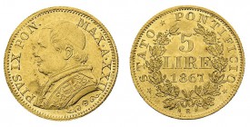 stati pontifici 
Pio IX (1846-1870) - 5 Lire 1867 Anno XXII - Zecca: Roma - Diritto: effigie del Papa a sinistra - Rovescio: valore e data entro due ...