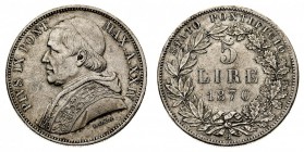 stati pontifici 
Pio IX (1846-1870) - 5 Lire 1870 Anno XXIV - Zecca: Roma - Diritto: effigie del Papa a sinistra - Rovescio: valore e data entro due ...