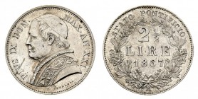 stati pontifici 
Pio IX (1846-1870) - 2 Lire e mezzo 1867 Anno XXI - Zecca: Roma - Diritto: effigie del Papa a sinistra - Rovescio: valore e data ent...