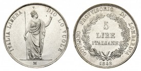 governi provvisori 
Lombardia - 5 Lire 1848 - Zecca: Milano - Diritto: valore entro corona di alloro e di quercia - Rovescio: Italia turrita stante c...