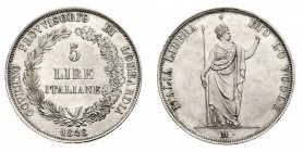 governi provvisori 
Lombardia - 5 Lire 1848 - Zecca: Milano - Diritto: valore entro corona di alloro e di quercia - Rovescio: Italia turrita stante c...
