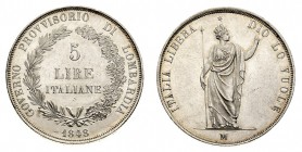 governi provvisori 
Lombardia - 5 Lire 1848 - Zecca: Milano - Diritto: valore entro corona di alloro e di quercia - Rovescio: Italia turrita stante c...
