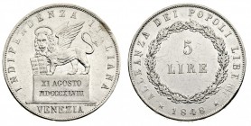 governi provvisori 
Venezia - 5 Lire 1848 - Zecca: Venezia - Diritto: leone di San Marco a sinistra con la testa di fronte su basamento, regge il Van...