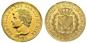 carlo felice (1821-1831) 
80 Lire 1825 - Zecca: Genova - Diritto: effigie del Re a sinistra - Rovescio: stemma completo di Casa Savoia coronato e cir...