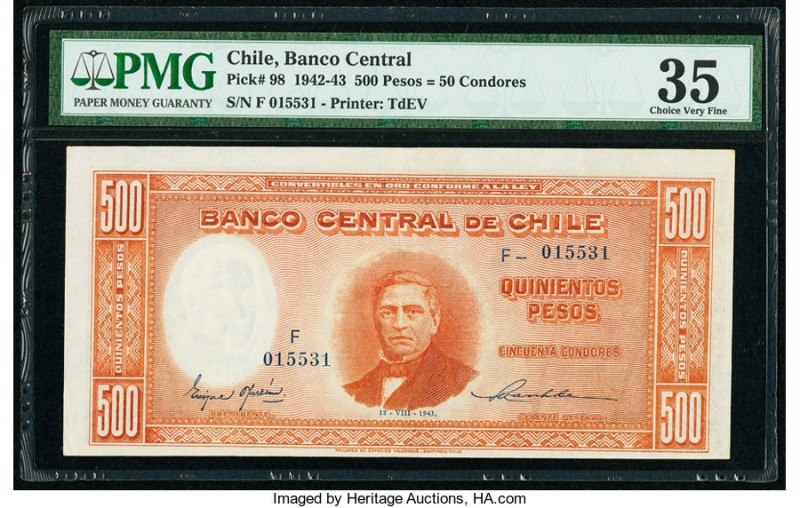 Chile Banco Central de Chile 500 Pesos = 50 Condores 18.8.1943 Pick 98 PMG Choic...