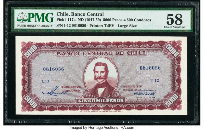 Chile Banco Central de Chile 5000 Pesos = 500 Condores ND (1947-59) Pick 117a PM...