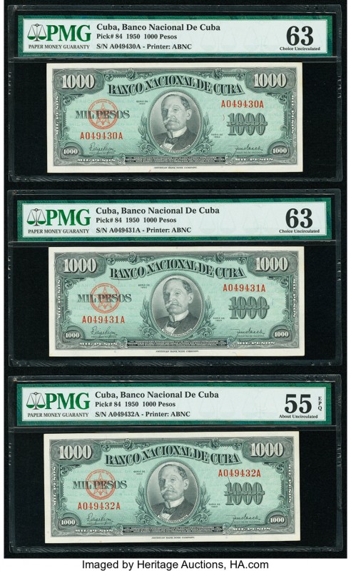 Cuba Banco Nacional de Cuba 1000 Pesos 1950 Pick 84 Three Consecutive Examples P...