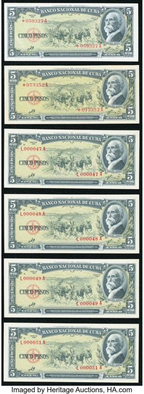 Cuba Banco Nacional de Cuba 5 Pesos 1960 Pick 91c, Four Examples Crisp Uncircula...