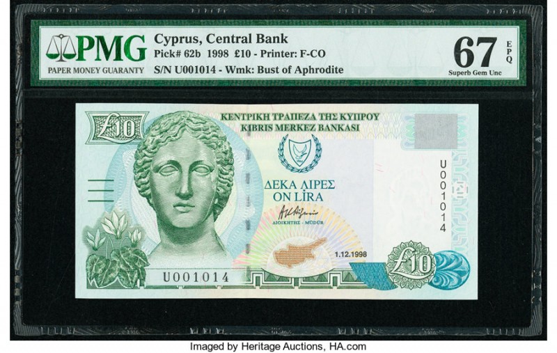 Cyprus Central Bank of Cyprus 10 Pounds 1.12.1998 Pick 62b PMG Superb Gem Unc 67...