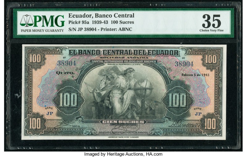 Ecuador Banco Central del Ecuador 100 Sucres 5.2.1943 Pick 95a PMG Choice Very F...