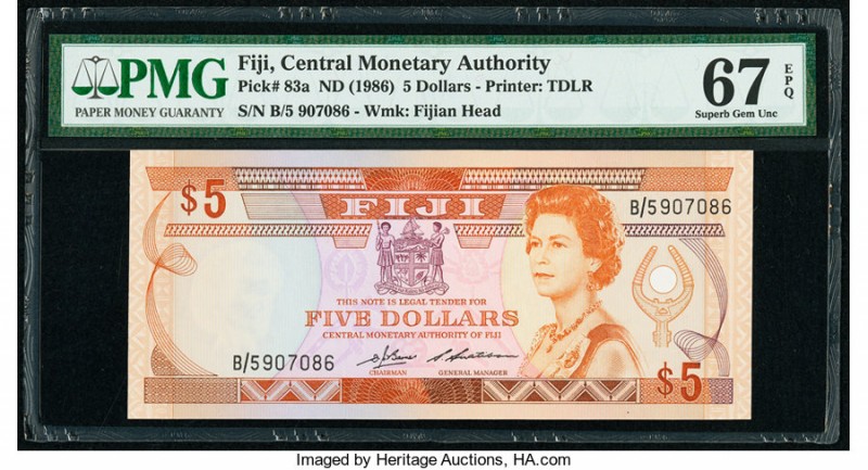 Fiji Central Monetary Authority 5 Dollars ND (1986) Pick 83a PMG Superb Gem Unc ...