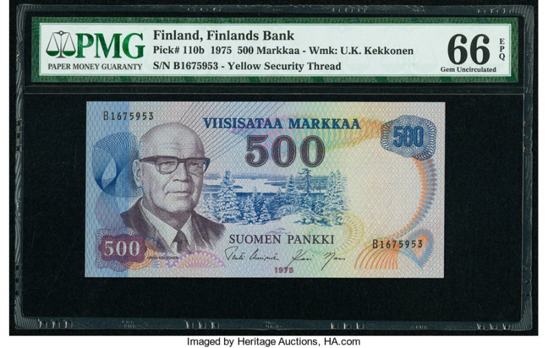 Finland Finlands Bank 500 Markkaa 1975 Pick 110b PMG Gem Uncirculated 66 EPQ. 

...