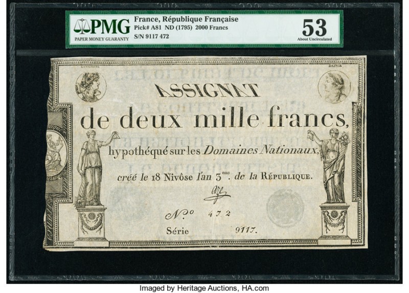 France Republique Francaise 2000 Francs ND (1795) Pick A81 PMG About Uncirculate...