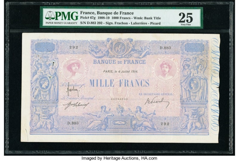France Banque de France 1000 Francs 4.6.1914 Pick 67g PMG Very Fine 25. Pinholes...
