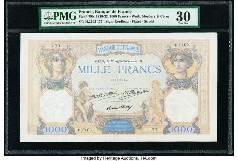 France Banque de France 1000 Francs 1.9.1932 Pick 79b PMG Very Fine 30. Minor re...