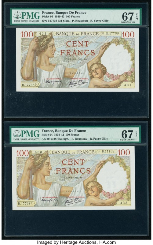 France Banque de France 100 Francs 9.1.1941 Pick 94 Four Examples PMG Superb Gem...