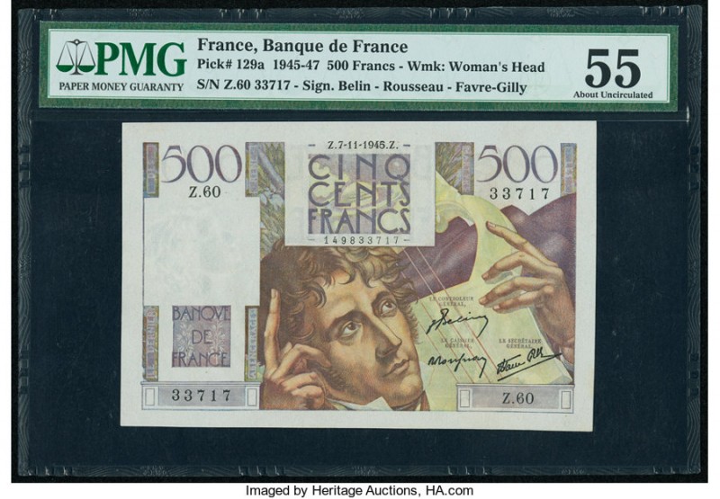 France Banque de France 500 Francs 17.11.1945 Pick 129a PMG About Uncirculated 5...