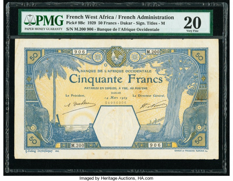 French West Africa Banque de l'Afrique Occidentale 50 Francs 14.3.1929 Pick 9Bc ...