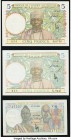 French West Africa Banque de l'Afrique Occidentale 5 Francs 27.4.1939 Pick 21; 6.5.1942 Pick 25; 27.12.1948 Pick 36 About Uncirculated or Better. 

HI...