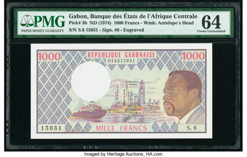 Gabon Banque des Etats de l'Afrique Centrale 1000 Francs ND (1974) Pick 3b PMG C...