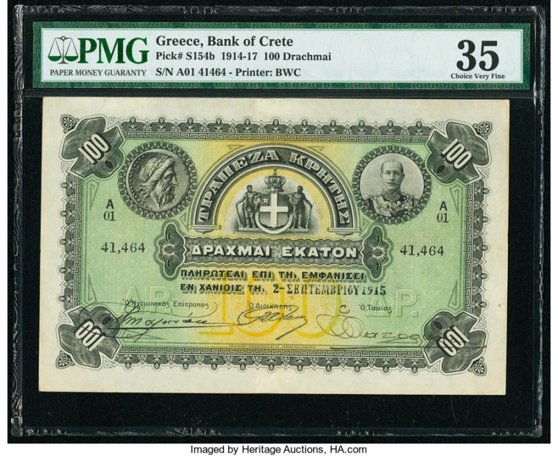 Greece Bank of Crete 100 Drachmai 26.3.1915 Pick S154b PMG Choice Very Fine 35. ...