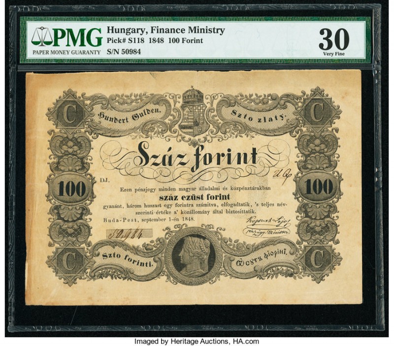 Hungary Ministry of Finance 100 Forint 1.9.1848 Pick S118 PMG Very Fine 30. Stai...