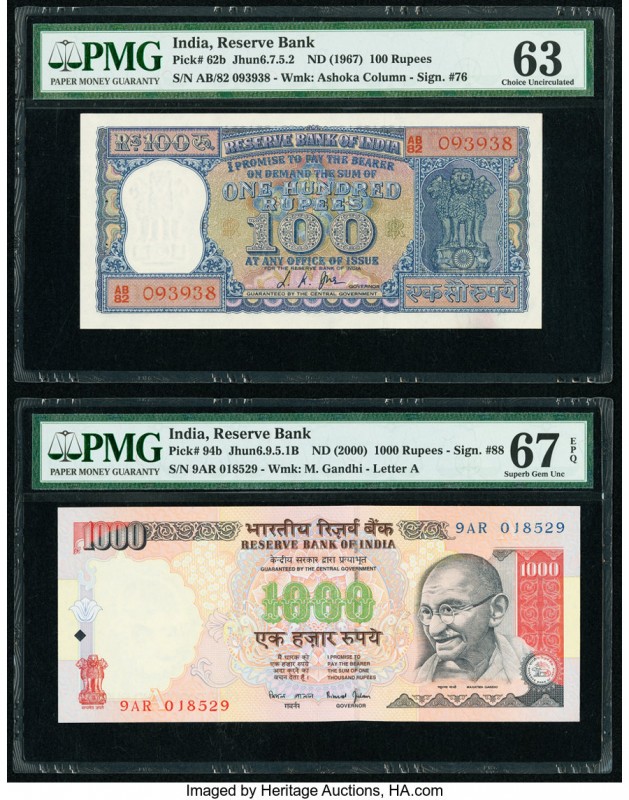 India Reserve Bank of India 100; 1000 Rupees ND (1967; 2000) Pick 62b; 94b Two E...
