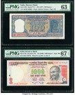 India Reserve Bank of India 100; 1000 Rupees ND (1967; 2000) Pick 62b; 94b Two Examples PMG Choice Uncirculated 63; Superb Gem Unc 67 EPQ. Staple hole...