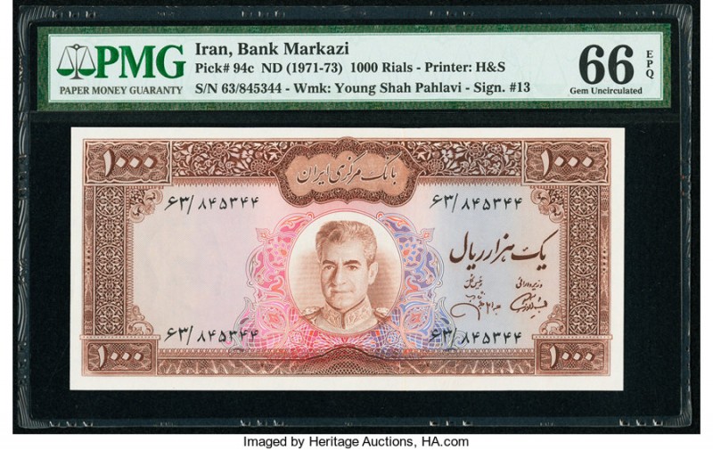 Iran Bank Markazi 1000 Rials ND (1971-73) Pick 94c PMG Gem Uncirculated 66 EPQ. ...