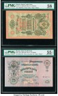 Russia State Credit Notes 10; 25; Rubles 1909 (ND 1912-17) Pick 11c; 12b Two Examples PMG Choice About Unc 58; About Uncirculated 55 EPQ; Soviet Gover...