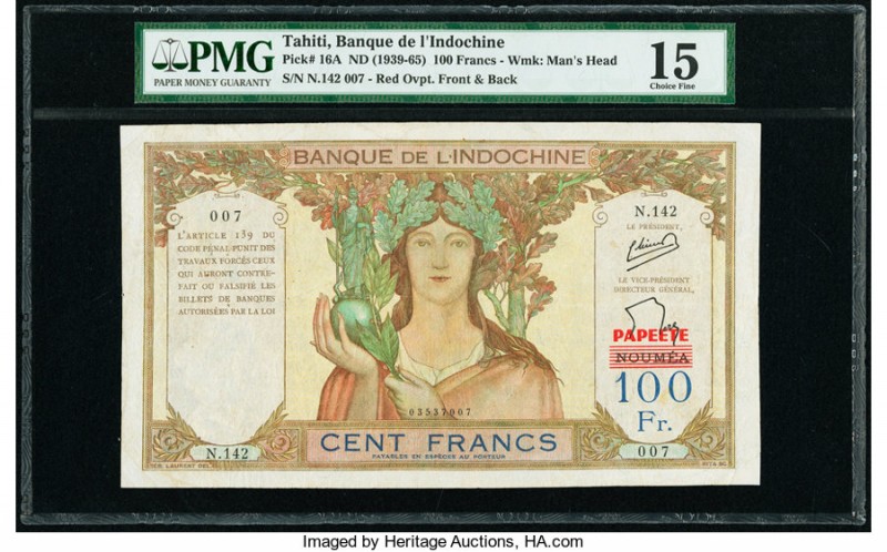 Tahiti Banque de l'Indochine 100 Francs ND (1939-65) Pick 16A PMG Choice Fine 15...